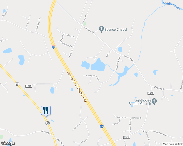 map of restaurants, bars, coffee shops, grocery stores, and more near 146 Roping Horn Way in Johnston County