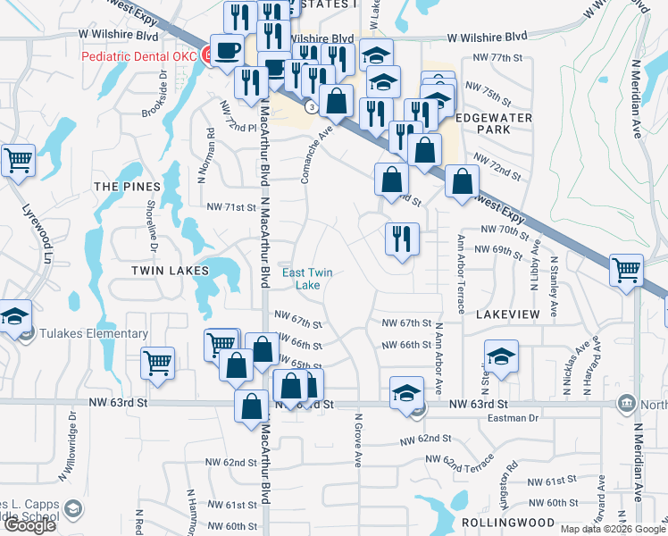 map of restaurants, bars, coffee shops, grocery stores, and more near 6917 North Grove Avenue in Warr Acres