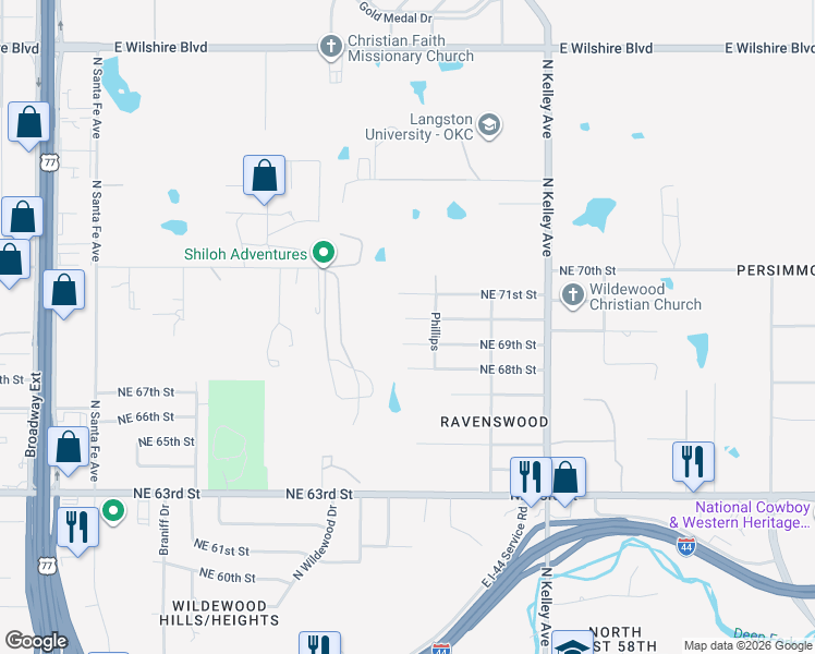 map of restaurants, bars, coffee shops, grocery stores, and more near 718 Northeast 70th Street in Oklahoma City