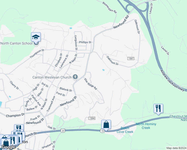 map of restaurants, bars, coffee shops, grocery stores, and more near 45 Shirleys Lane in Canton