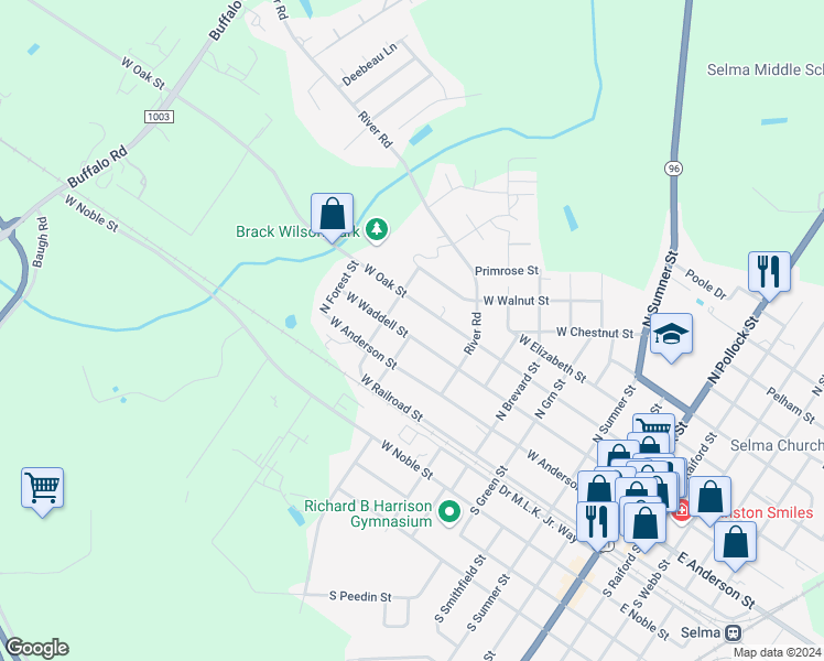 map of restaurants, bars, coffee shops, grocery stores, and more near 1000 West Waddell Street in Selma