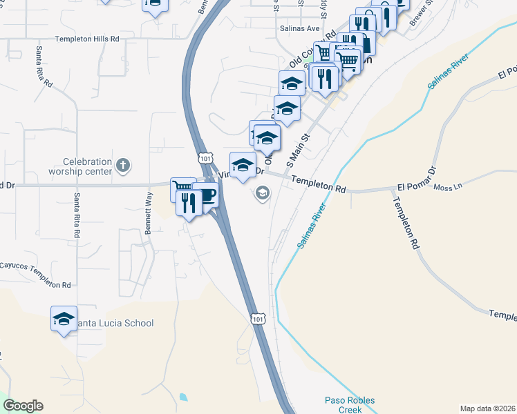 map of restaurants, bars, coffee shops, grocery stores, and more near 1200 South Main Street in Templeton