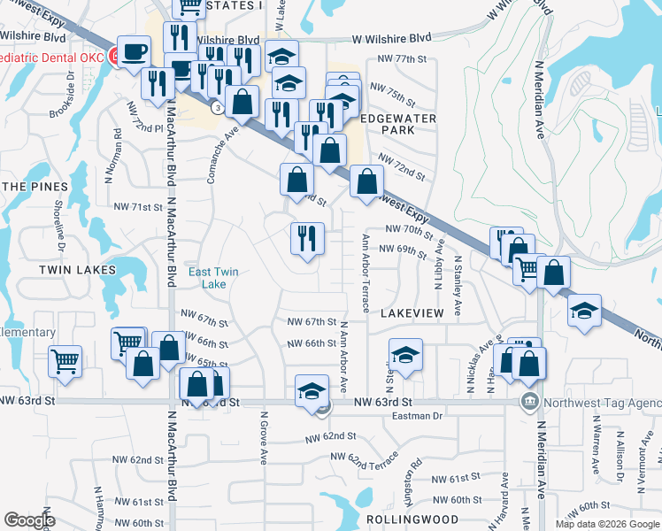 map of restaurants, bars, coffee shops, grocery stores, and more near 7012 Cherokee Crossing East in Warr Acres