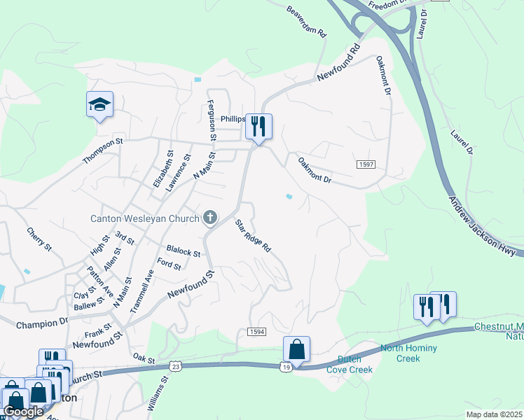map of restaurants, bars, coffee shops, grocery stores, and more near 45 Shirleys Lane in Canton