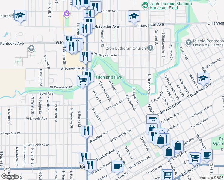 map of restaurants, bars, coffee shops, grocery stores, and more near 800-898 North Frost Street in Pampa