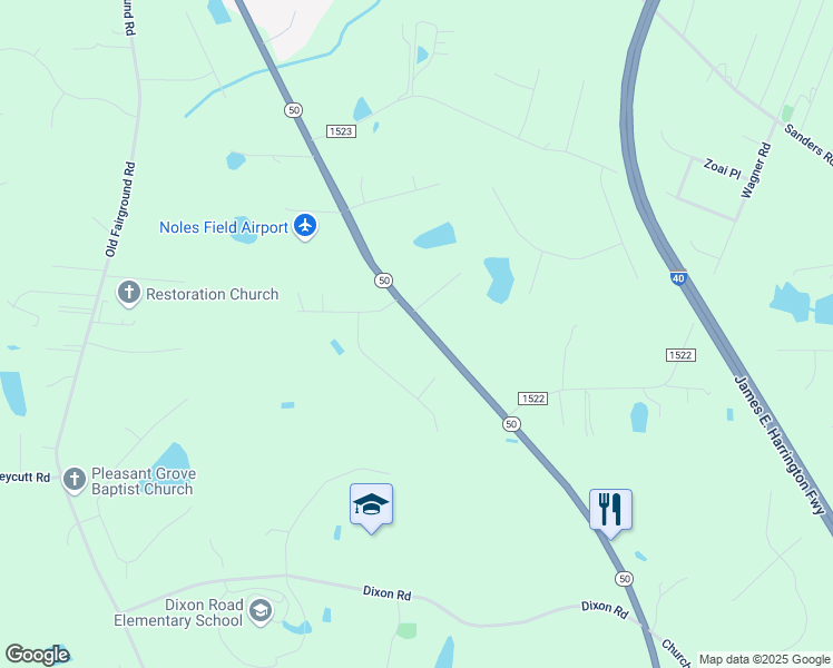 map of restaurants, bars, coffee shops, grocery stores, and more near 12612 North Carolina 50 in Johnston County