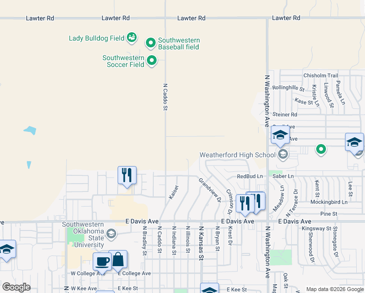map of restaurants, bars, coffee shops, grocery stores, and more near in Weatherford