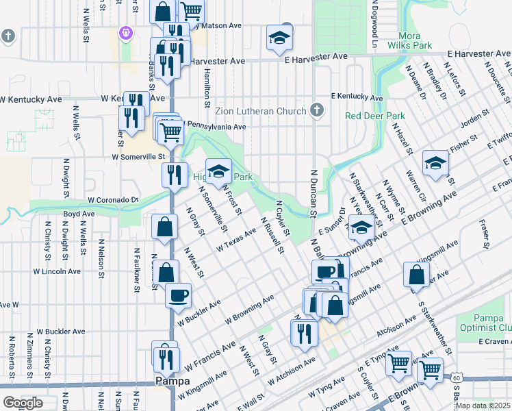 map of restaurants, bars, coffee shops, grocery stores, and more near 800 North Russell Street in Pampa
