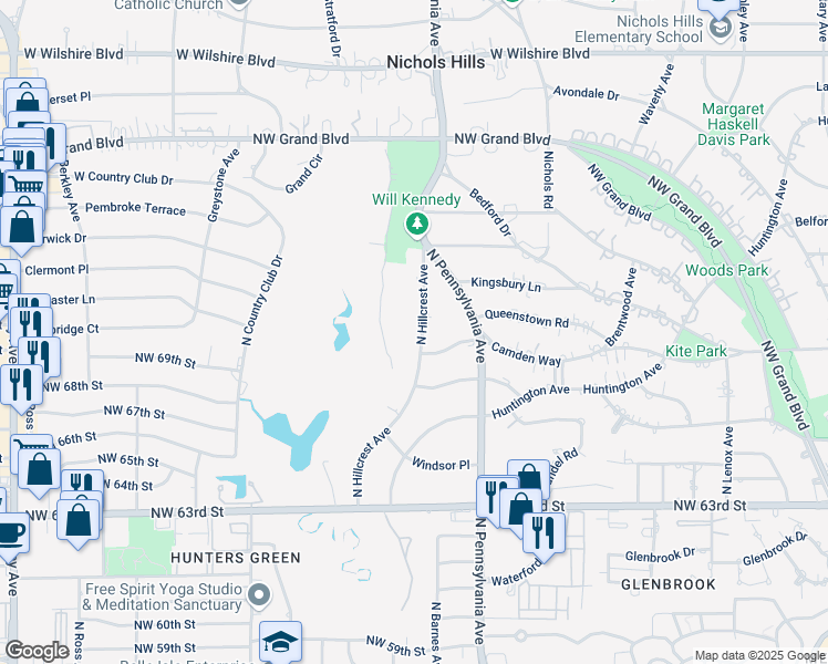 map of restaurants, bars, coffee shops, grocery stores, and more near 6604 North Hillcrest Avenue in Nichols Hills