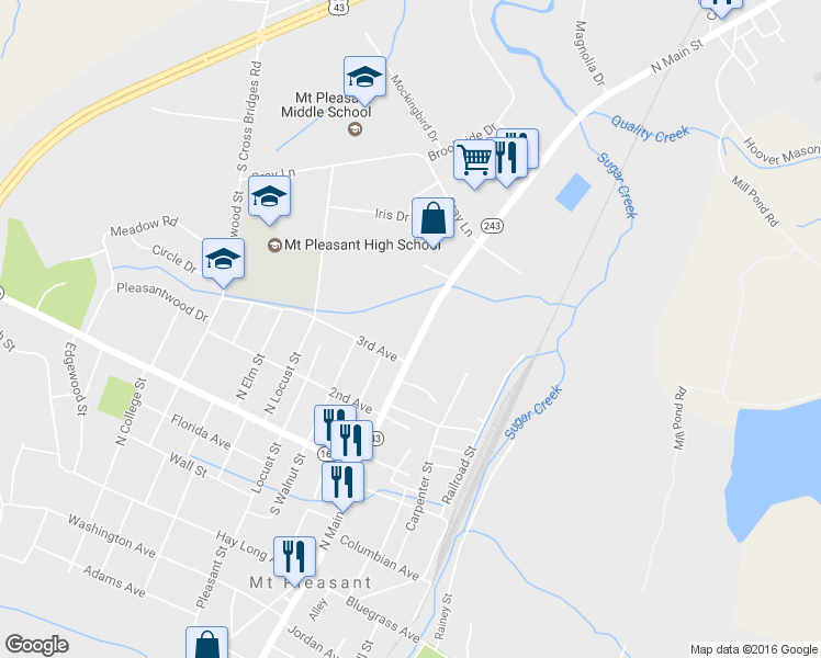 map of restaurants, bars, coffee shops, grocery stores, and more near 607 North Main Street in Mount Pleasant
