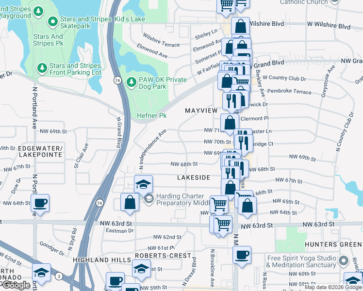 map of restaurants, bars, coffee shops, grocery stores, and more near 7017 North Drexel Boulevard in Oklahoma City