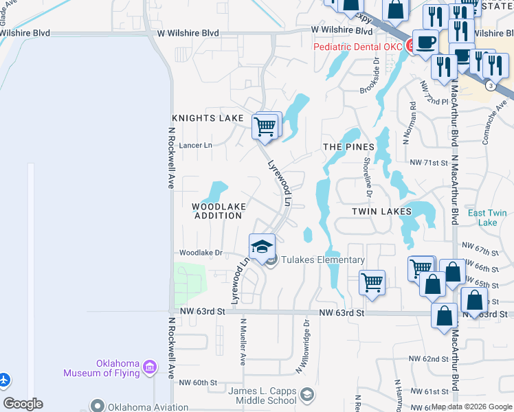 map of restaurants, bars, coffee shops, grocery stores, and more near 6720 Greenway Drive in Oklahoma City