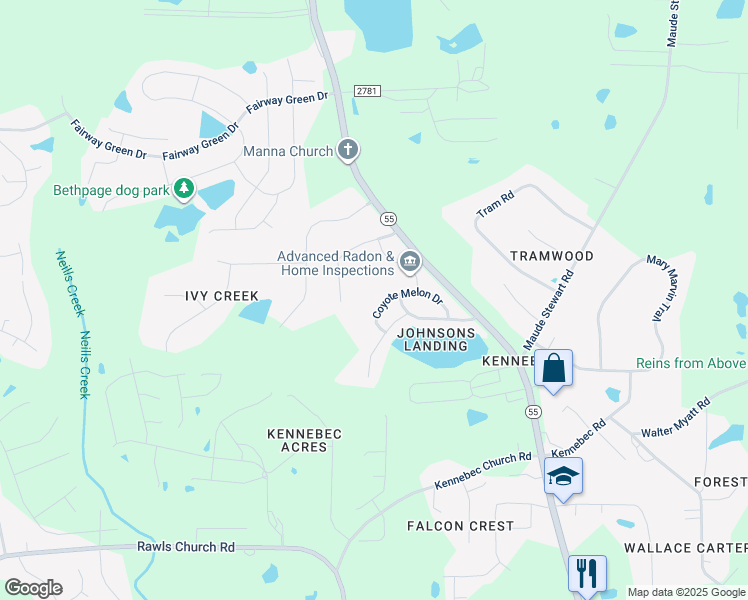 map of restaurants, bars, coffee shops, grocery stores, and more near 8816 Coyote Melon Drive in Angier