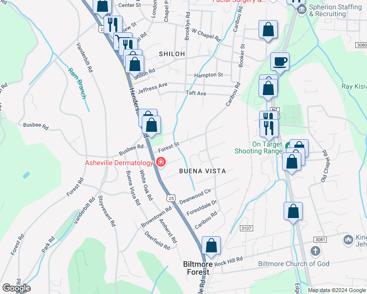 map of restaurants, bars, coffee shops, grocery stores, and more near 49 Forest Street in Asheville