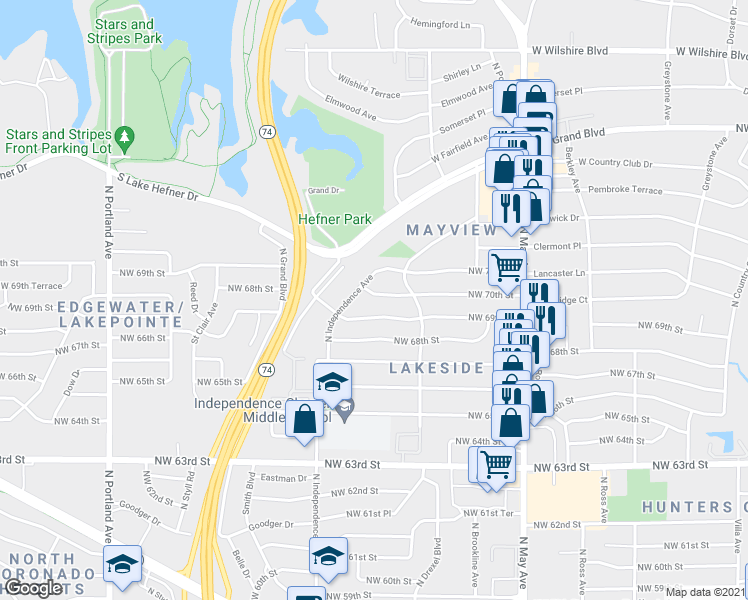 map of restaurants, bars, coffee shops, grocery stores, and more near 3128 Northwest 70th Street in Oklahoma City
