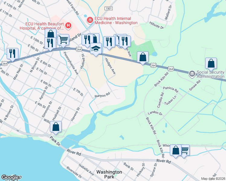 map of restaurants, bars, coffee shops, grocery stores, and more near 923 Runyon Road in Washington