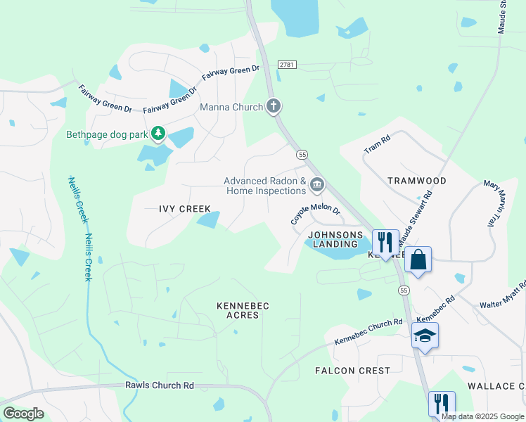 map of restaurants, bars, coffee shops, grocery stores, and more near 7916 Lagenaria Drive in Angier