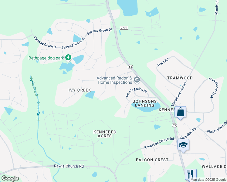 map of restaurants, bars, coffee shops, grocery stores, and more near 7916 Lagenaria Drive in Angier