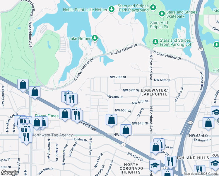 map of restaurants, bars, coffee shops, grocery stores, and more near 6909 Lakepointe Drive in Oklahoma City