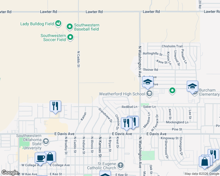 map of restaurants, bars, coffee shops, grocery stores, and more near 713 Cornerstone Avenue in Weatherford