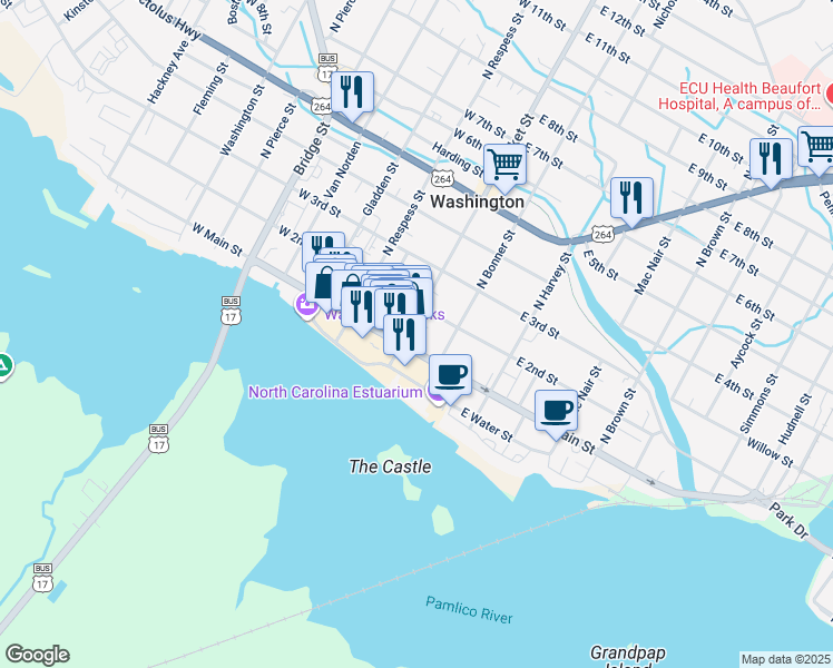 map of restaurants, bars, coffee shops, grocery stores, and more near 108 North Market Street in Washington