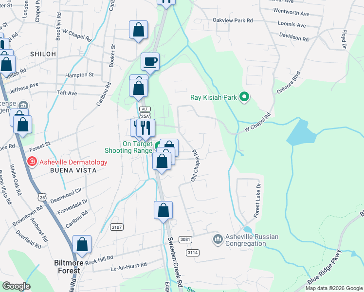map of restaurants, bars, coffee shops, grocery stores, and more near 210 Old Chapel Road in Asheville