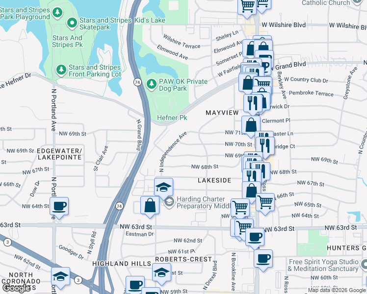 map of restaurants, bars, coffee shops, grocery stores, and more near 3128 Northwest 70th Street in Oklahoma City