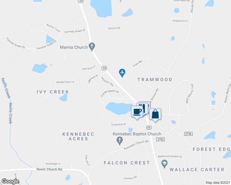 map of restaurants, bars, coffee shops, grocery stores, and more near 8725 Coyote Melon Drive in Angier
