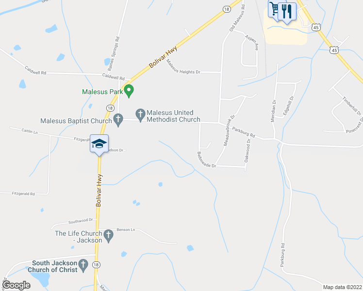 map of restaurants, bars, coffee shops, grocery stores, and more near 364 Old Malesus Road in Jackson