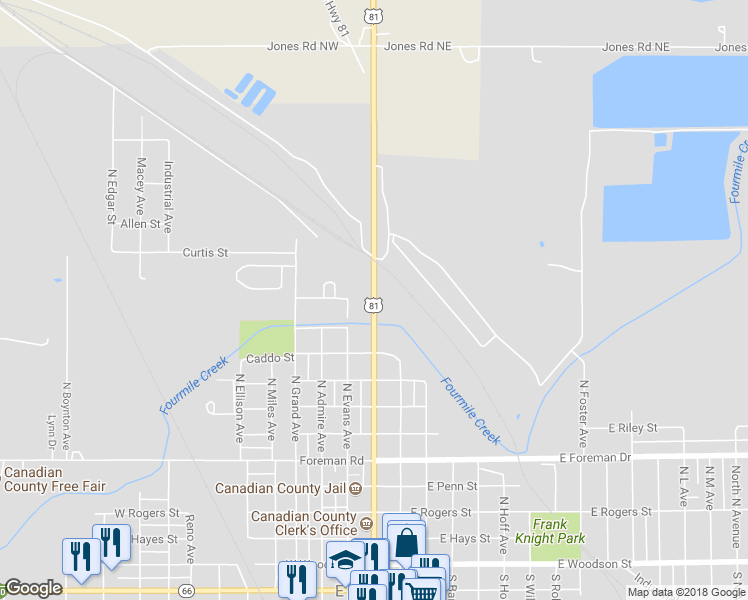 map of restaurants, bars, coffee shops, grocery stores, and more near 1142 North Choctaw Avenue in El Reno