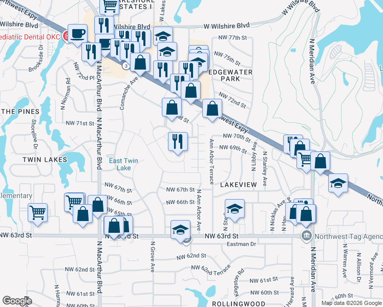 map of restaurants, bars, coffee shops, grocery stores, and more near 7012 Cherokee Crossing East in Warr Acres