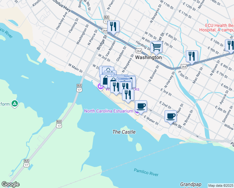 map of restaurants, bars, coffee shops, grocery stores, and more near 157 West Main Street in Washington