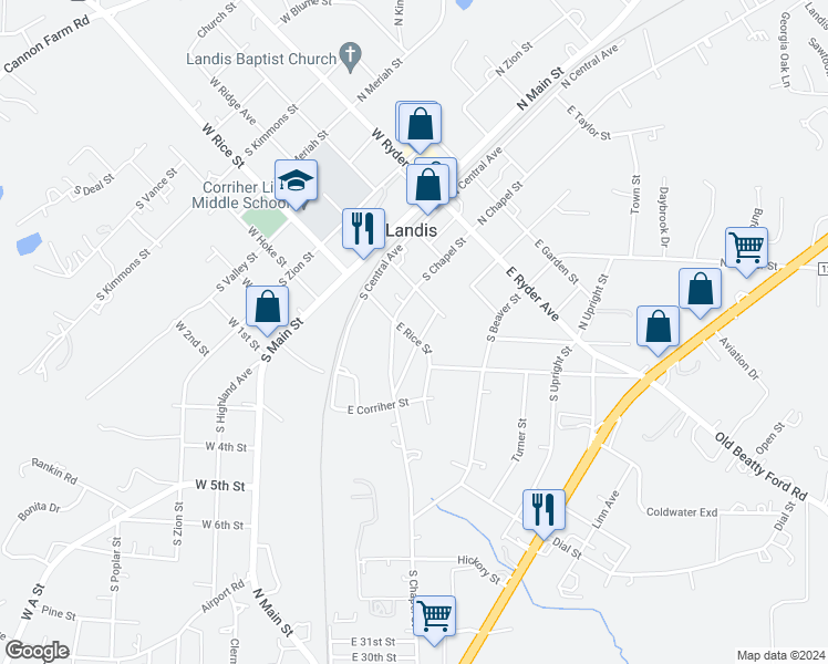 map of restaurants, bars, coffee shops, grocery stores, and more near 326 South Correll Street in Landis