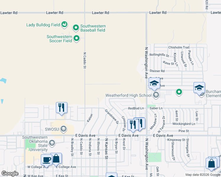map of restaurants, bars, coffee shops, grocery stores, and more near 703 Cornerstone Avenue in Weatherford