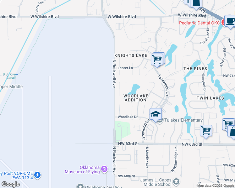 map of restaurants, bars, coffee shops, grocery stores, and more near 6913 Woodridge Avenue in Oklahoma City