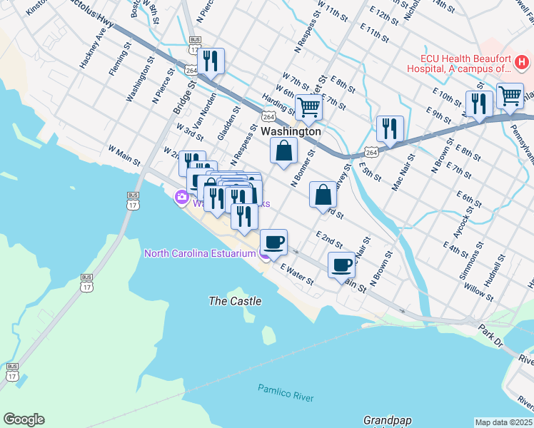 map of restaurants, bars, coffee shops, grocery stores, and more near 121 East 2nd Street in Washington