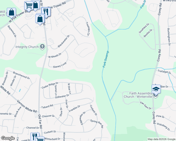 map of restaurants, bars, coffee shops, grocery stores, and more near 4466 Galway Drive in Winterville