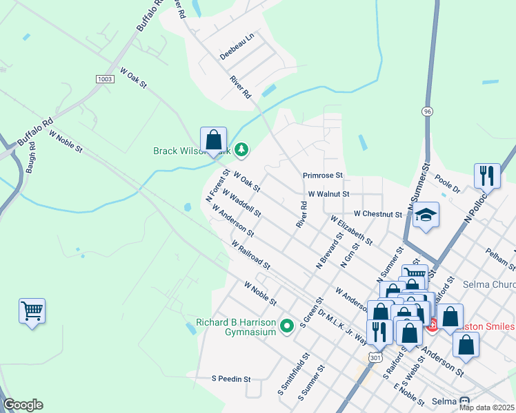 map of restaurants, bars, coffee shops, grocery stores, and more near 1004 West Waddell Street in Selma