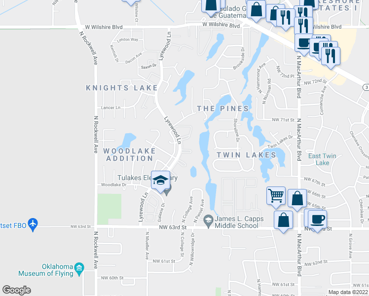 map of restaurants, bars, coffee shops, grocery stores, and more near 7000 Lyrewood Lane in Oklahoma City