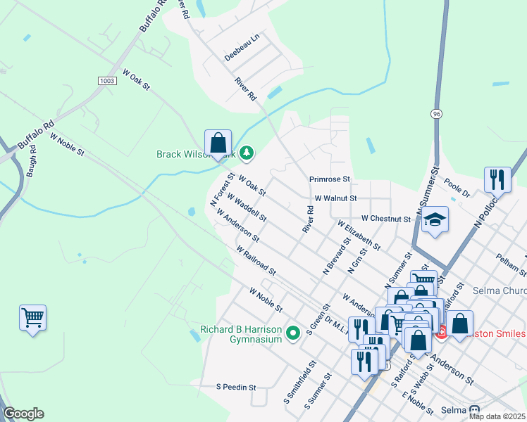 map of restaurants, bars, coffee shops, grocery stores, and more near 1004 West Waddell Street in Selma