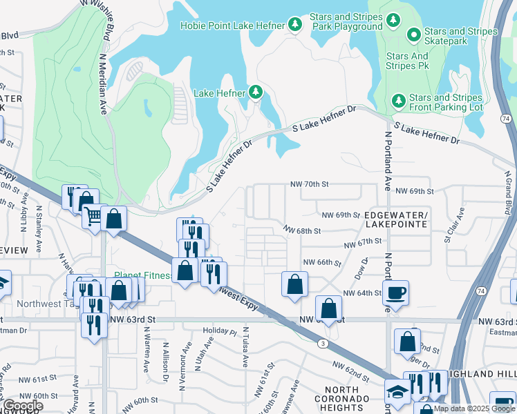 map of restaurants, bars, coffee shops, grocery stores, and more near 6908 North Spinnaker Lane in Oklahoma City
