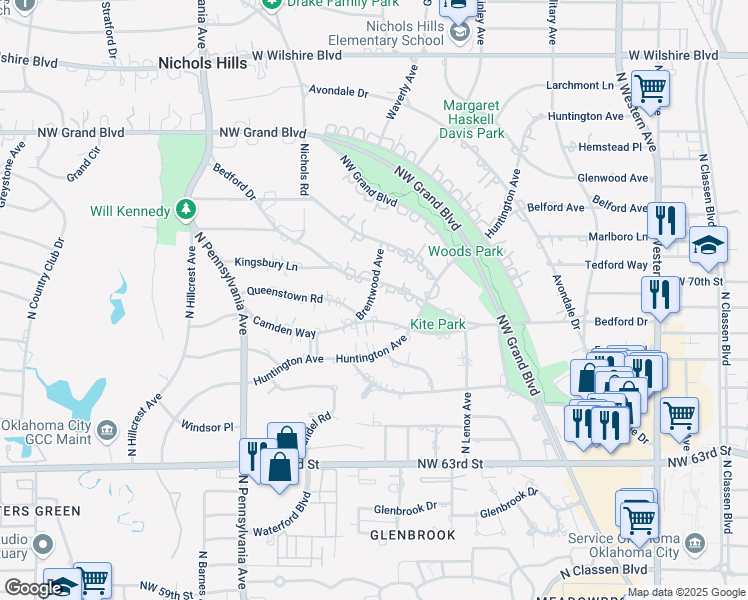 map of restaurants, bars, coffee shops, grocery stores, and more near 6850 Brentwood Avenue in Nichols Hills