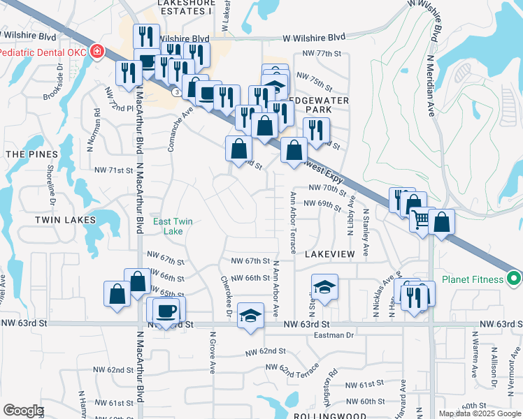 map of restaurants, bars, coffee shops, grocery stores, and more near 7012 Cherokee Crossing East in Warr Acres