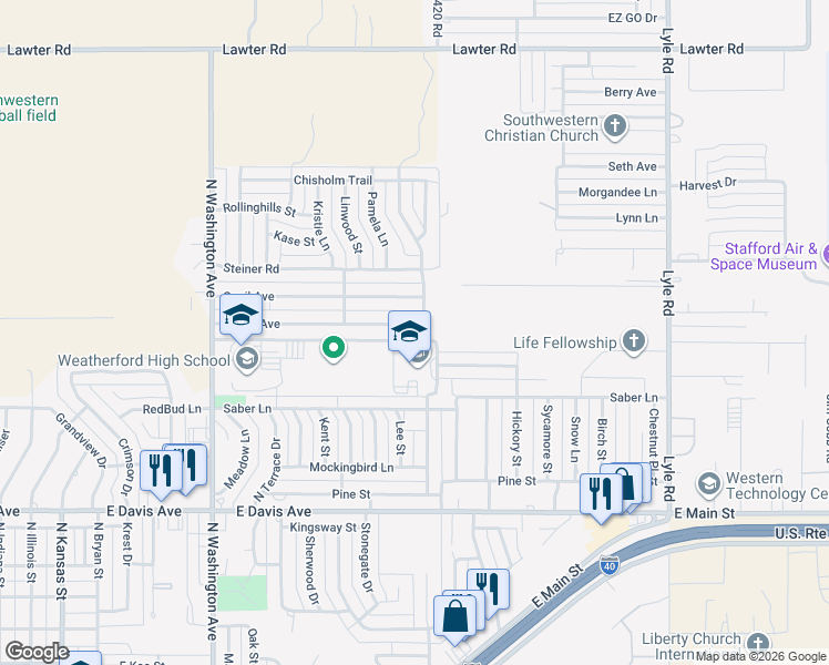 map of restaurants, bars, coffee shops, grocery stores, and more near 1524 Plains Avenue in Weatherford