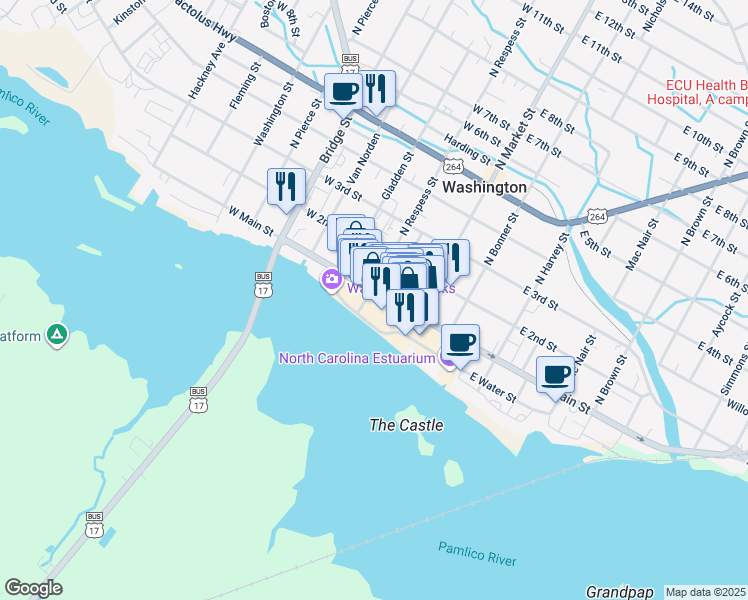 map of restaurants, bars, coffee shops, grocery stores, and more near 157 West Main Street in Washington