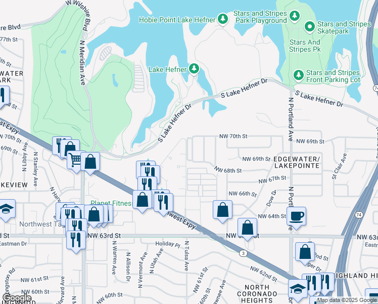 map of restaurants, bars, coffee shops, grocery stores, and more near 6908 North Spinnaker Lane in Oklahoma City