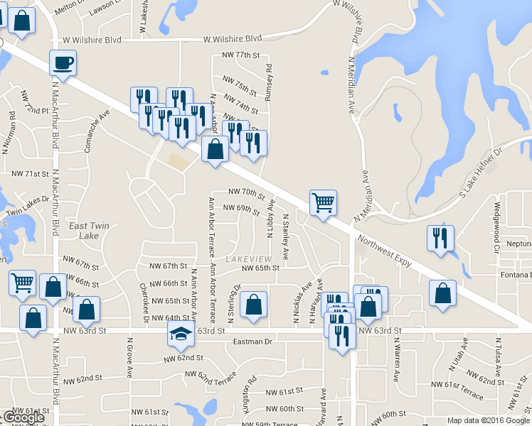 map of restaurants, bars, coffee shops, grocery stores, and more near 7001 North Libby Avenue in Oklahoma City