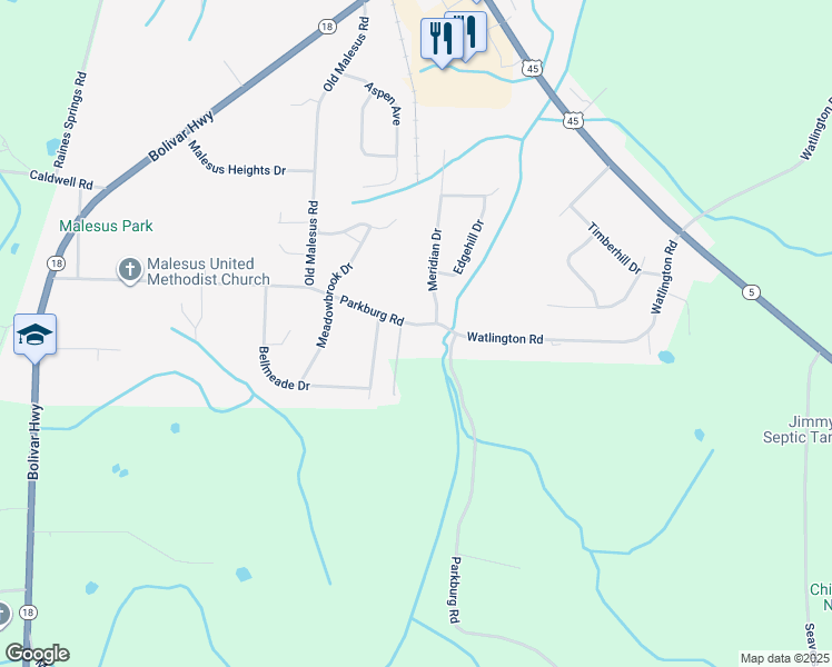 map of restaurants, bars, coffee shops, grocery stores, and more near 114 Parkburg Road in Jackson