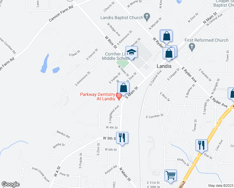 map of restaurants, bars, coffee shops, grocery stores, and more near 613 South Zion Street in Landis