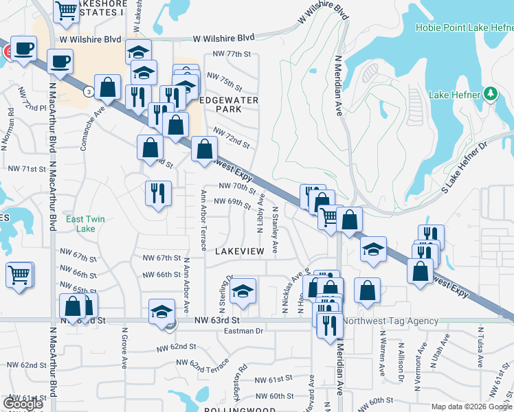 map of restaurants, bars, coffee shops, grocery stores, and more near 7001 North Libby Avenue in Oklahoma City